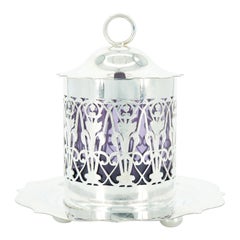 Pot de table anglais avec base tenant en métal argenté / insert en verre violet