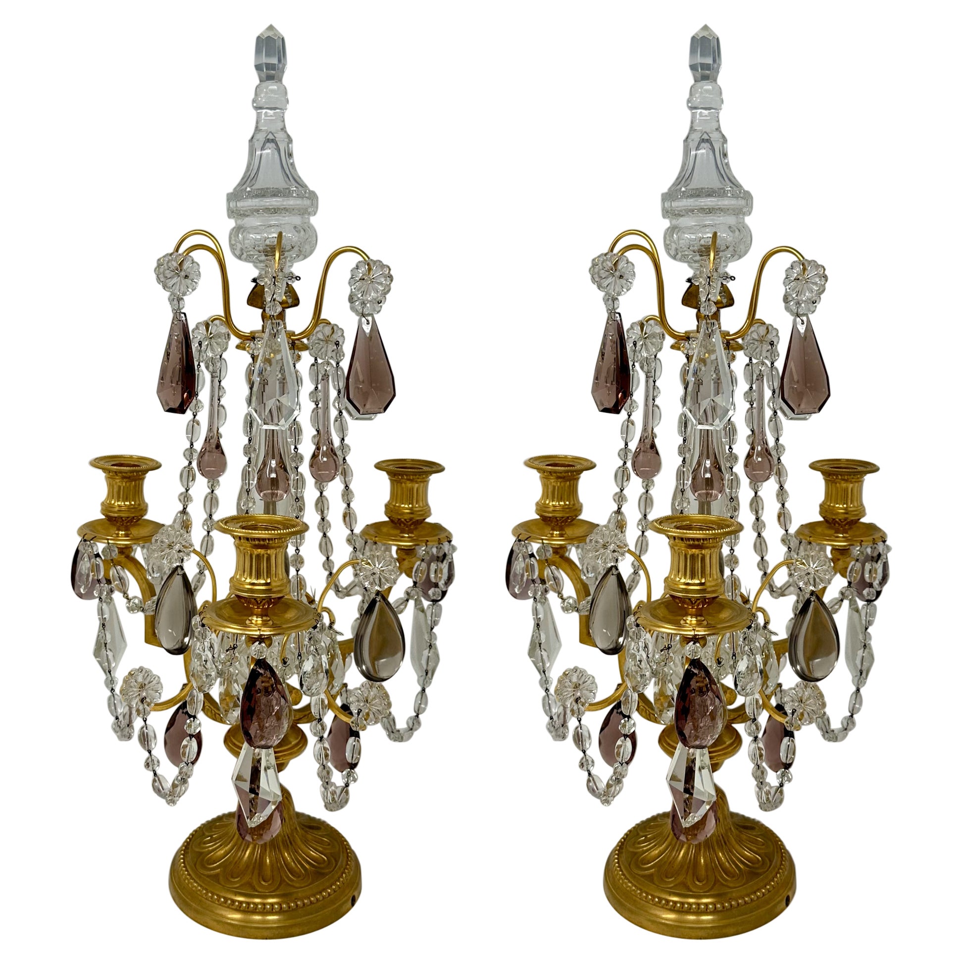 Paire de Girondoles françaises anciennes en cristal taillé et bronze d'or, vers 1890.