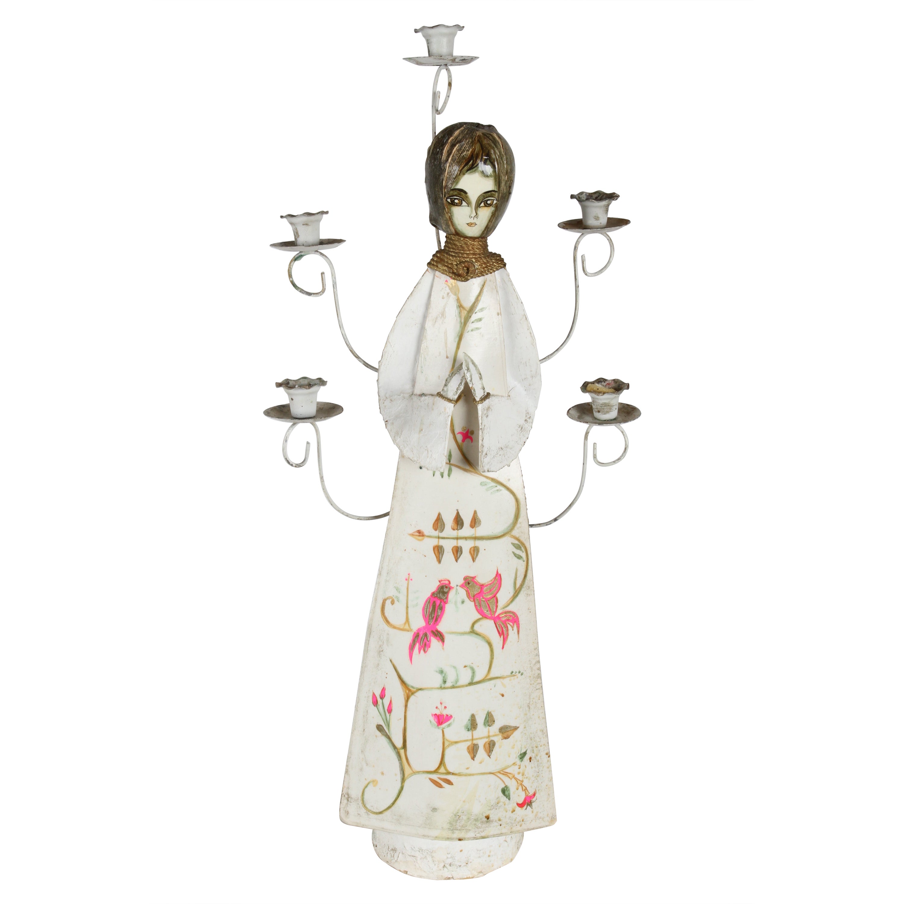 Vintage 1960s Mexican Folk Art Large Papier-Mâché Hand Painted Angel Candelabra For Sale