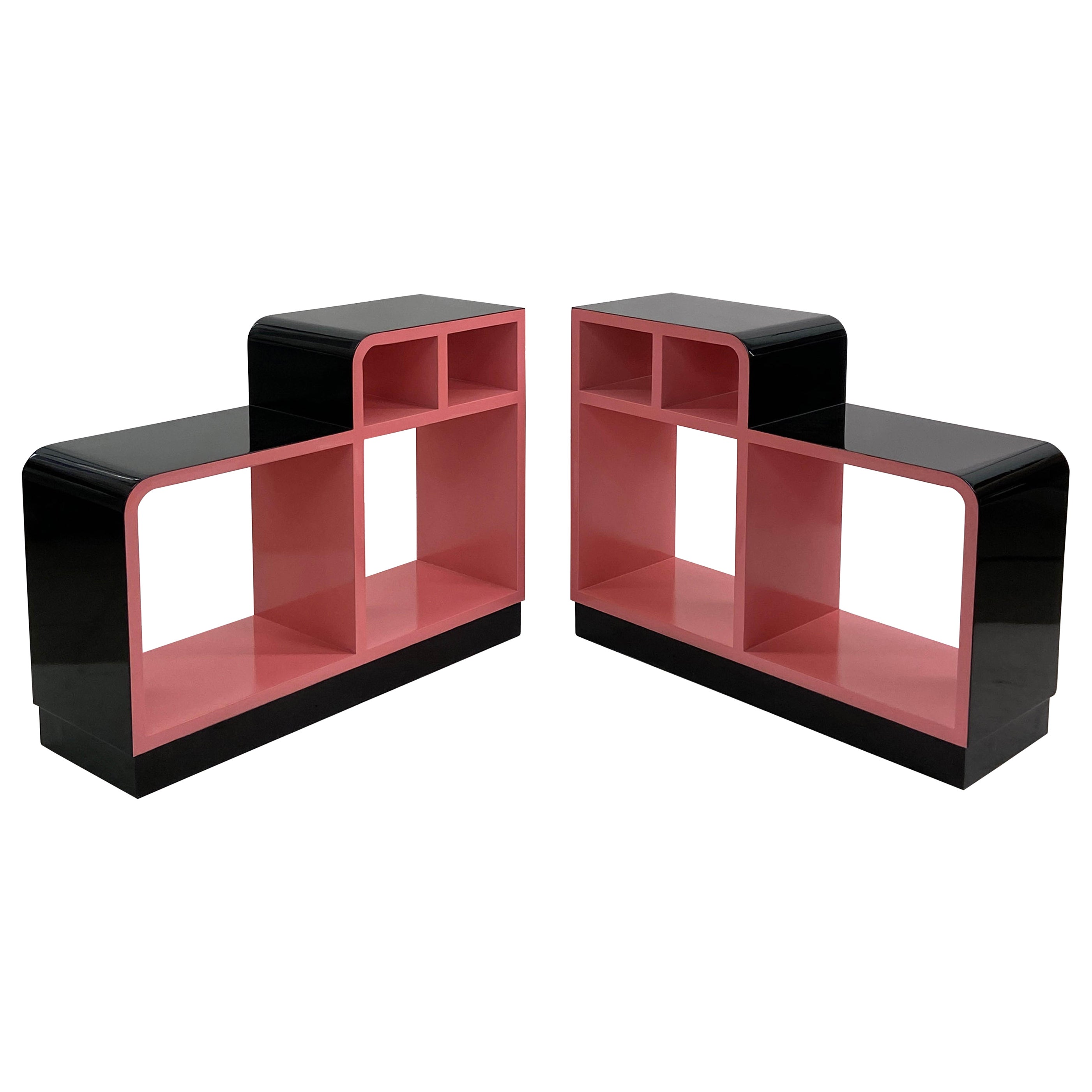 Stepped Art Deco Stands Lacquered in Black and Pink 