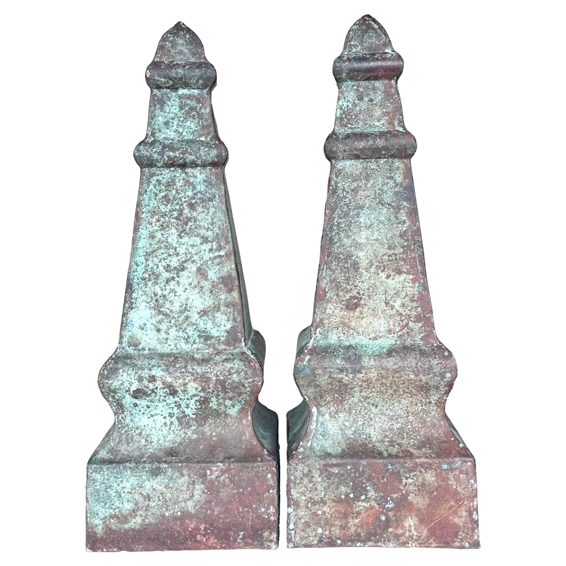 Vintage Boho Patinated Metal Obelisks - a Pair For Sale