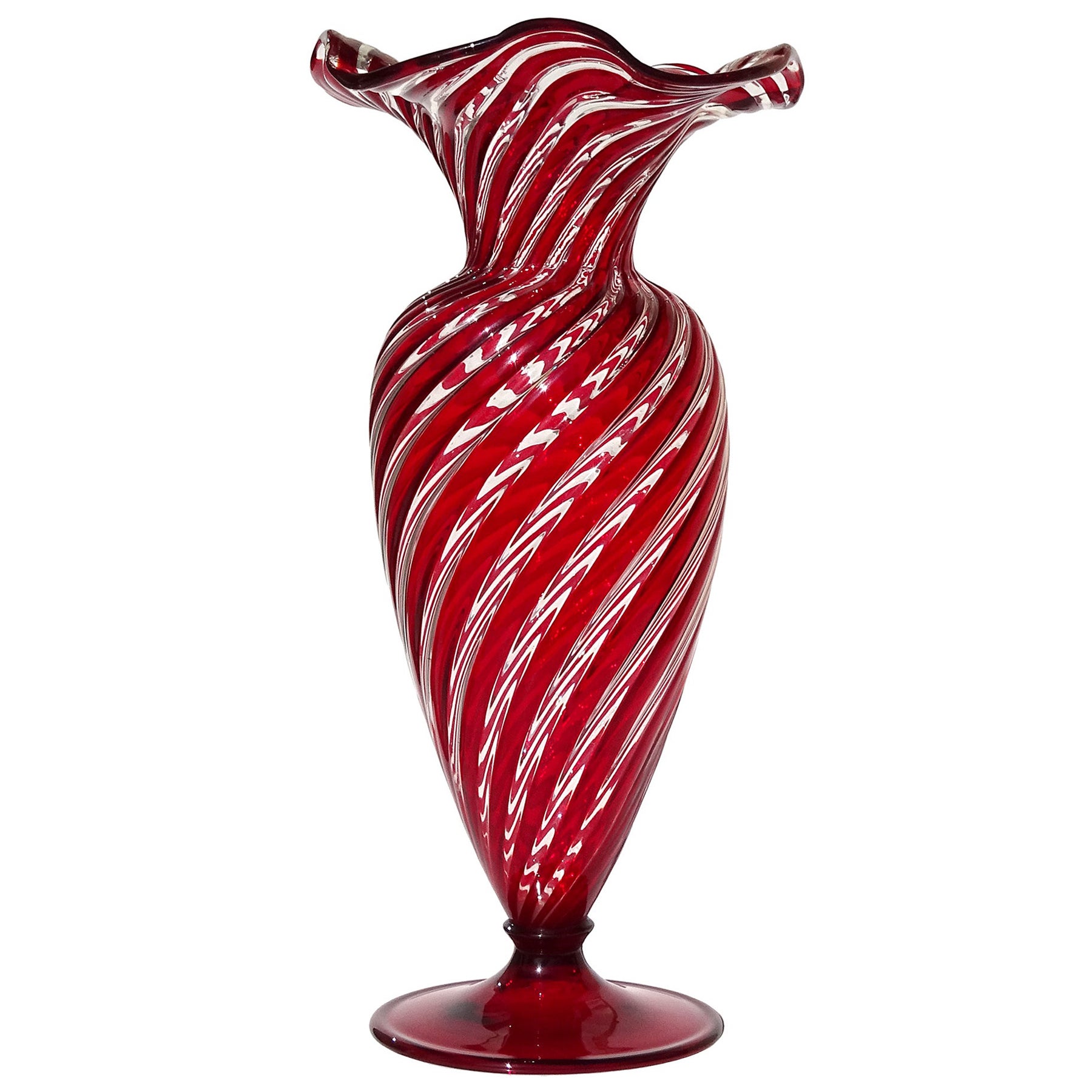 A.Ve.M. Murano Ruby Red Clear Ribbon Italian Art Glass Ruffle Rim Flower Vase For Sale