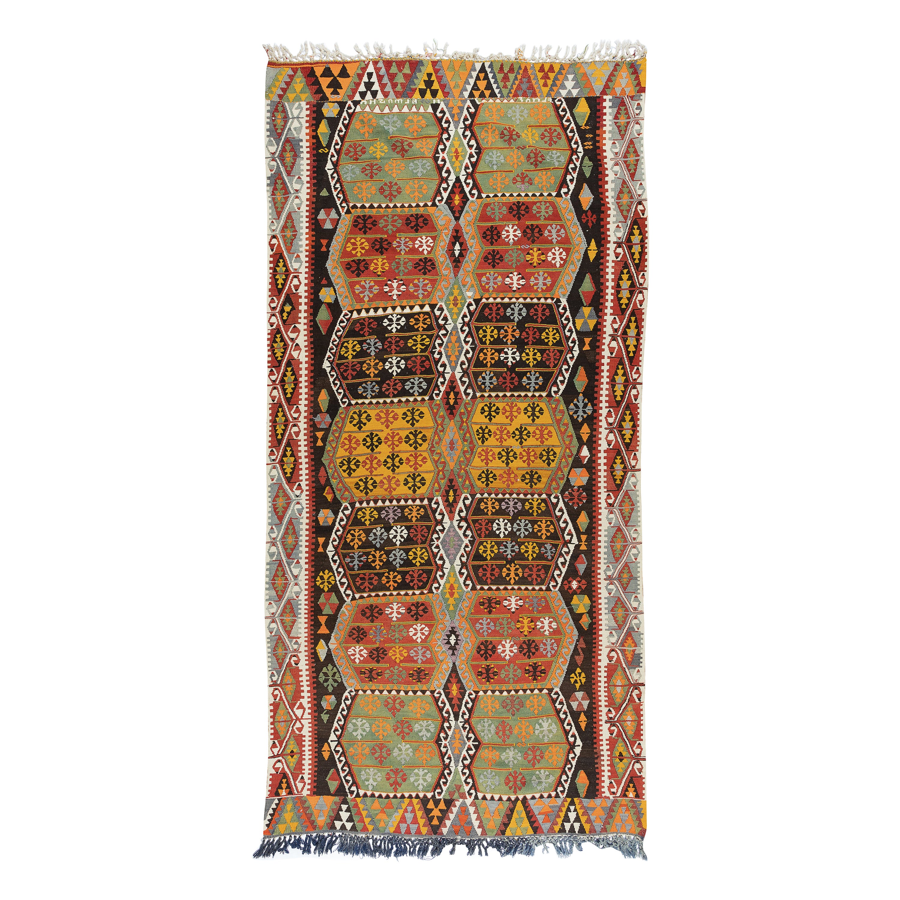 6x11.6 Ft Vintage Handmade Turkish Wool Kilim Runner, Flat-Weave Colorful Rug For Sale