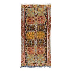 6x11.6 Ft Vintage Handgefertigter türkischer Kelim-Läufer aus Wolle, Flachgewebe, farbenfroher, bunter Teppich