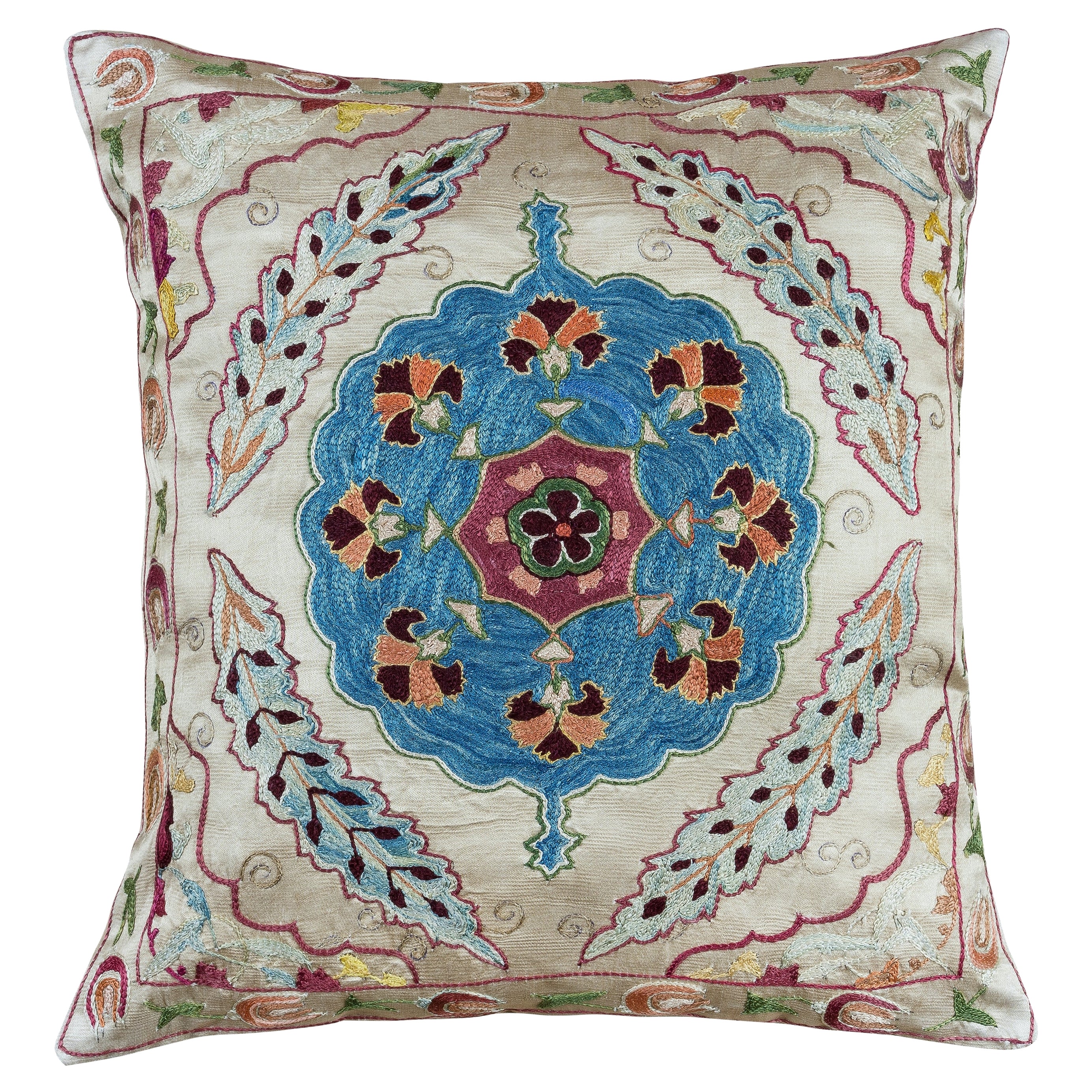 Hand Embroidered 100% Silk Cushion Cover, Suzani Accent Throw Pillow, 18" x 20" For Sale