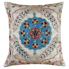 Hand Embroidered 100% Silk Cushion Cover, Suzani Accent Throw Pillow, 18" x 20"