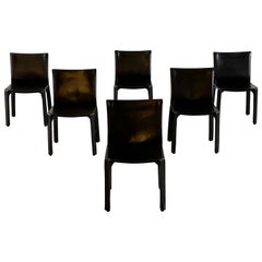 Set of Six CAB 412 Chairs by Mario Bellini for Cassina in Black Leather, 1970s