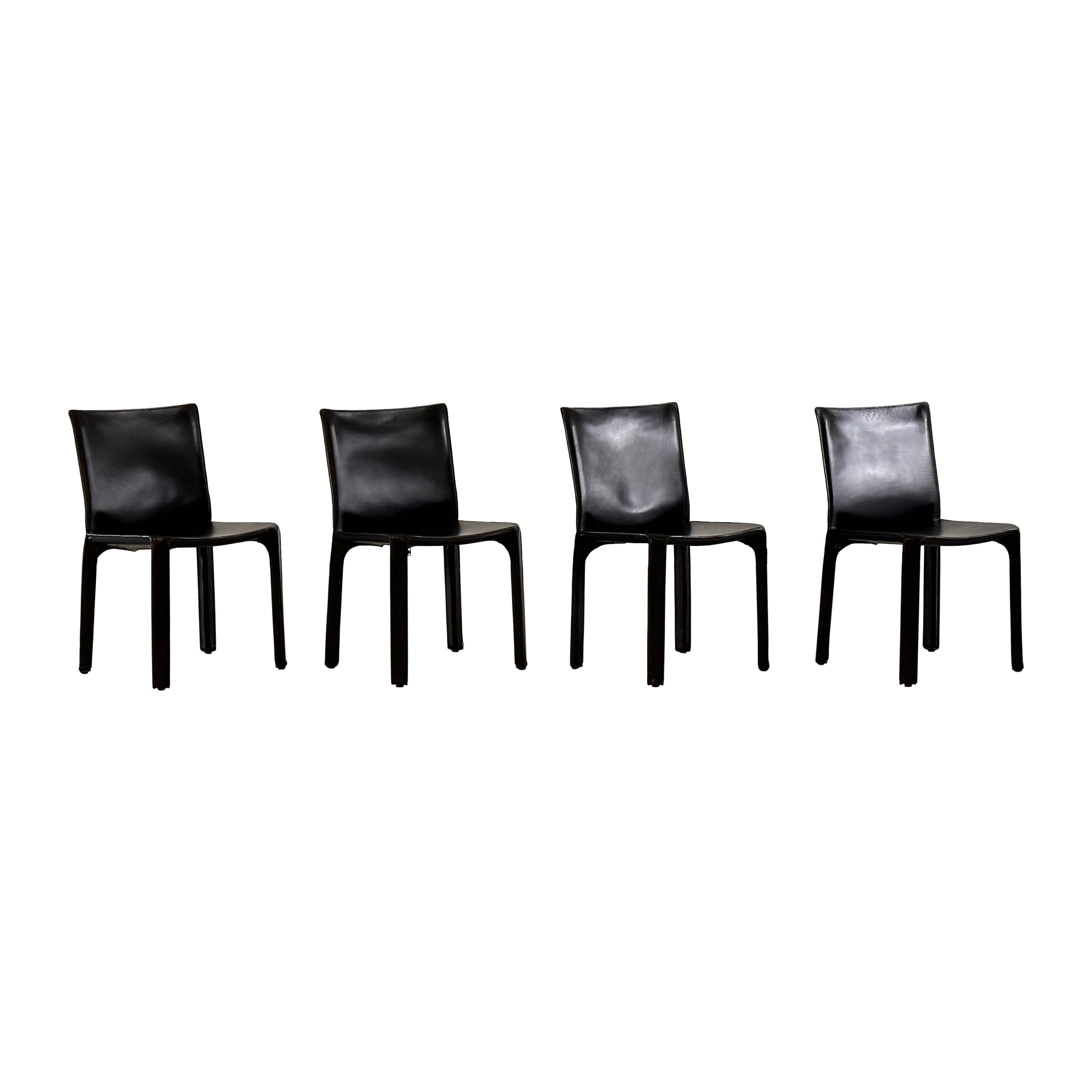 Set of Four CAB 412 Chairs by Mario Bellini for Cassina in Black Leather, 1970s