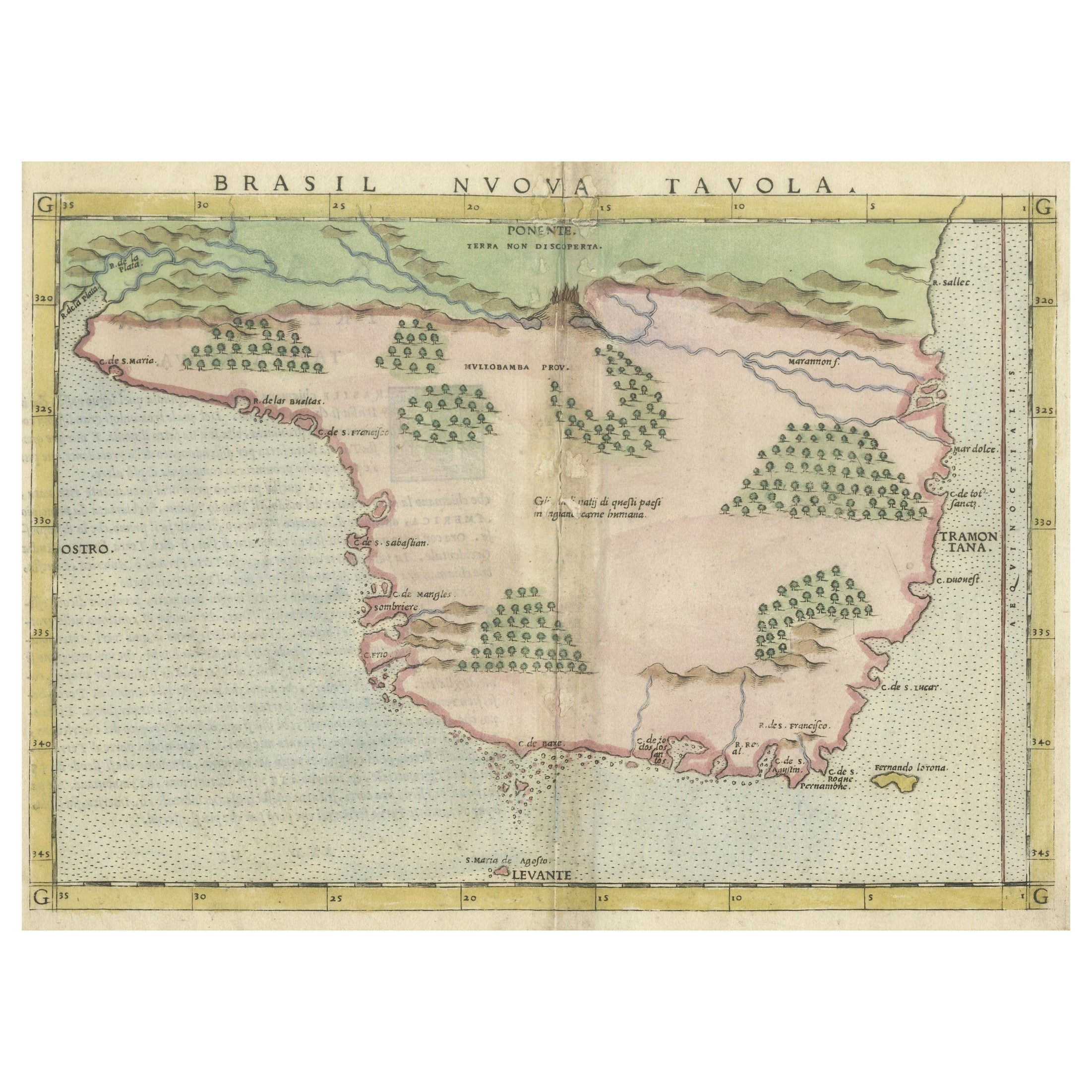 Original Antique Map of Brasil, Published in the 16th Century, 1561 For Sale