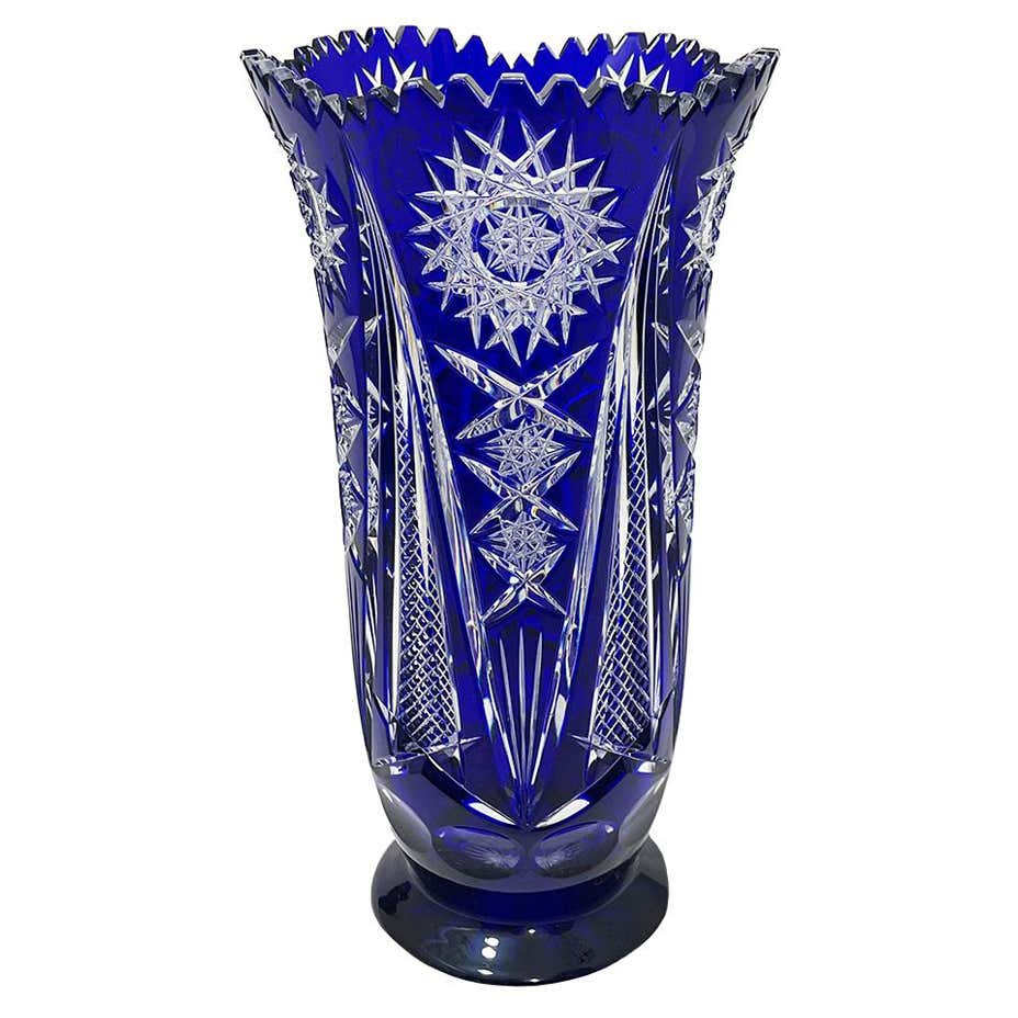 Vintage Bohemian Cobalt Blue Cut To Clear Glass Crystal Rose Vase Bowl vintage-bohemian-cobalt-blue-cut-to-clear-glass-crystal-rose-vase-bowl