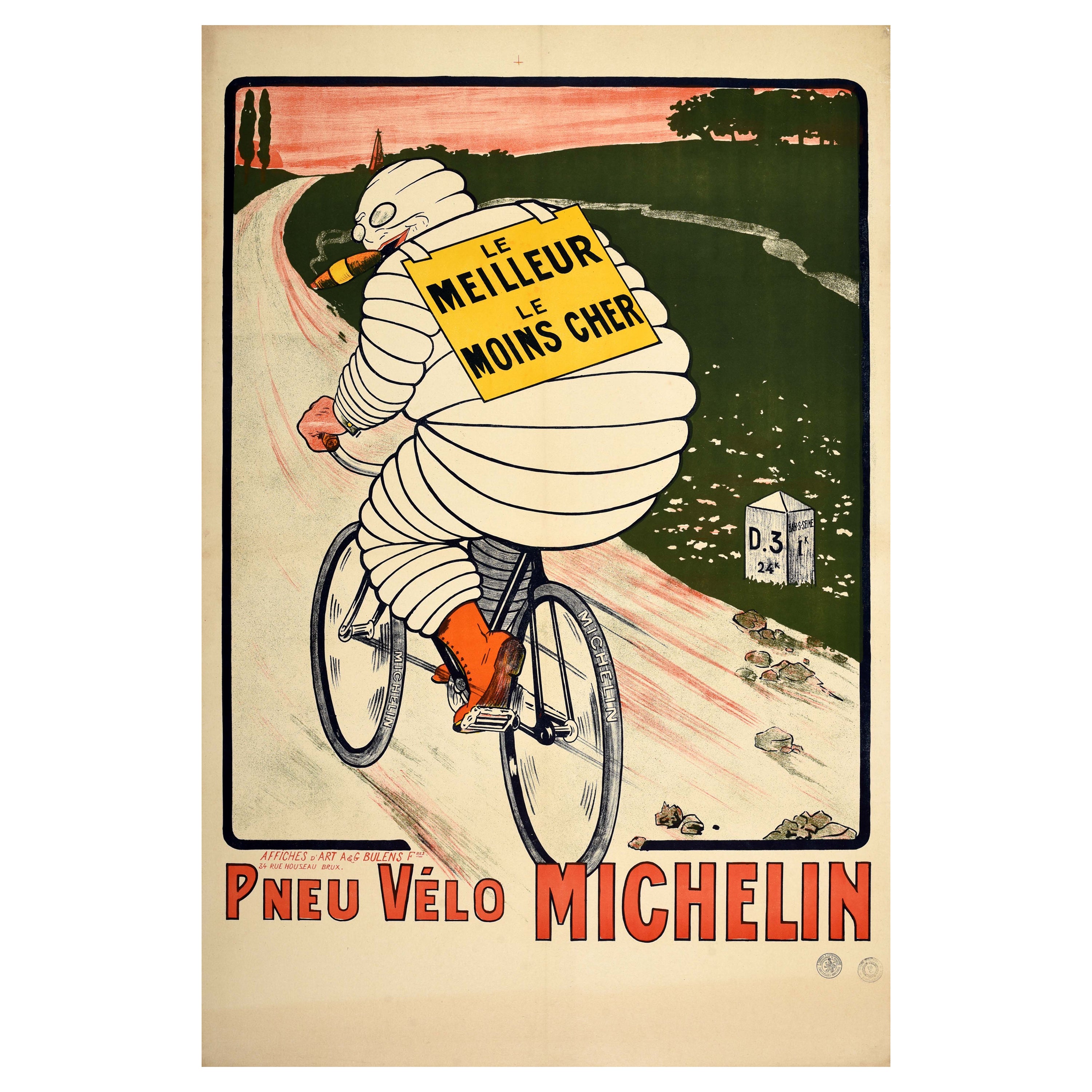 Affiche publicitaire d'origine ancienne Michelin Man Tyres Bibendum Bicycle Cigar  en vente
