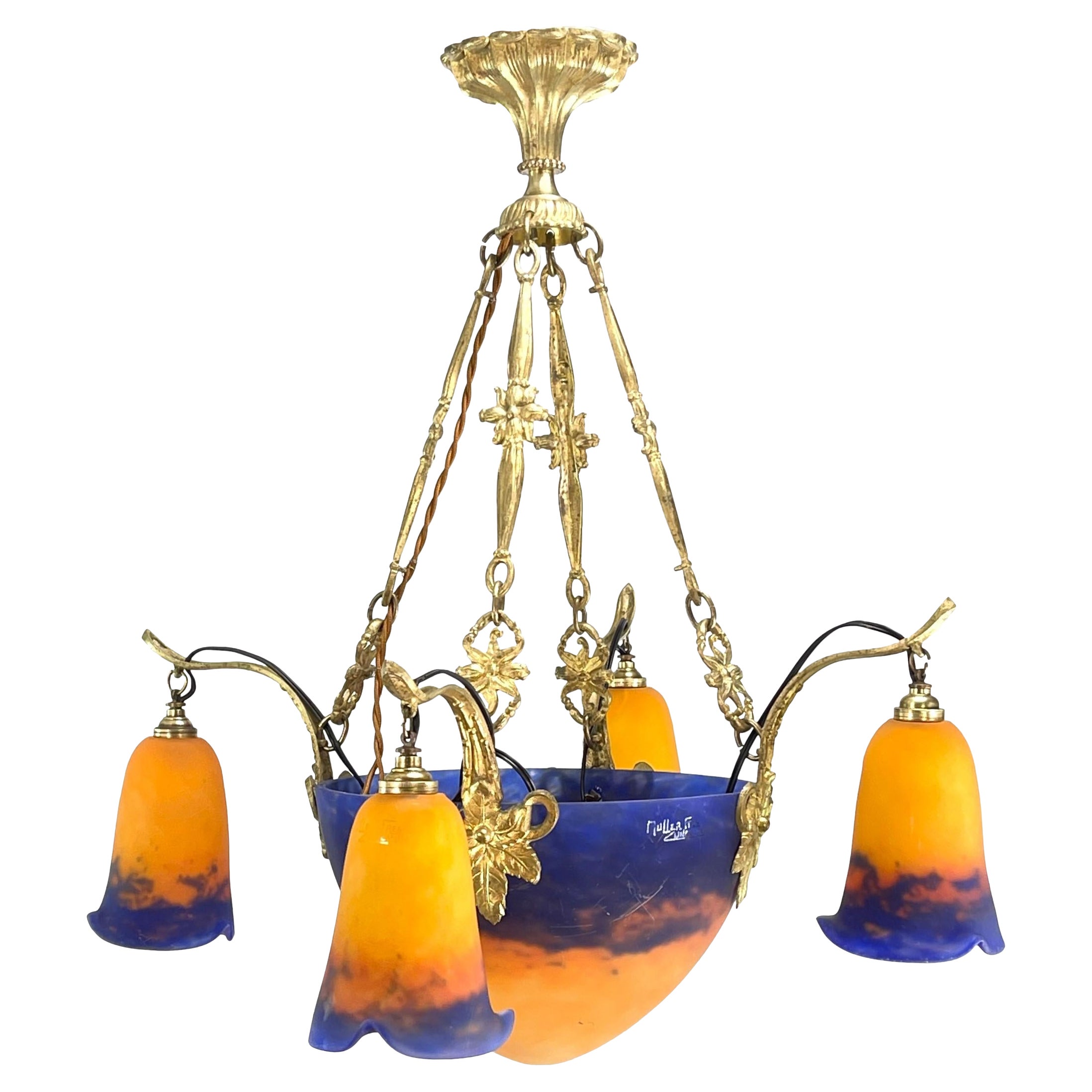 ART DECO chandelier pate de verre by Muller Fres & Bronze by Petitot, 1930s