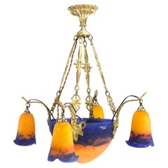 ART DECO chandelier pate de verre by Muller Fres & Bronze by Petitot, 1930s