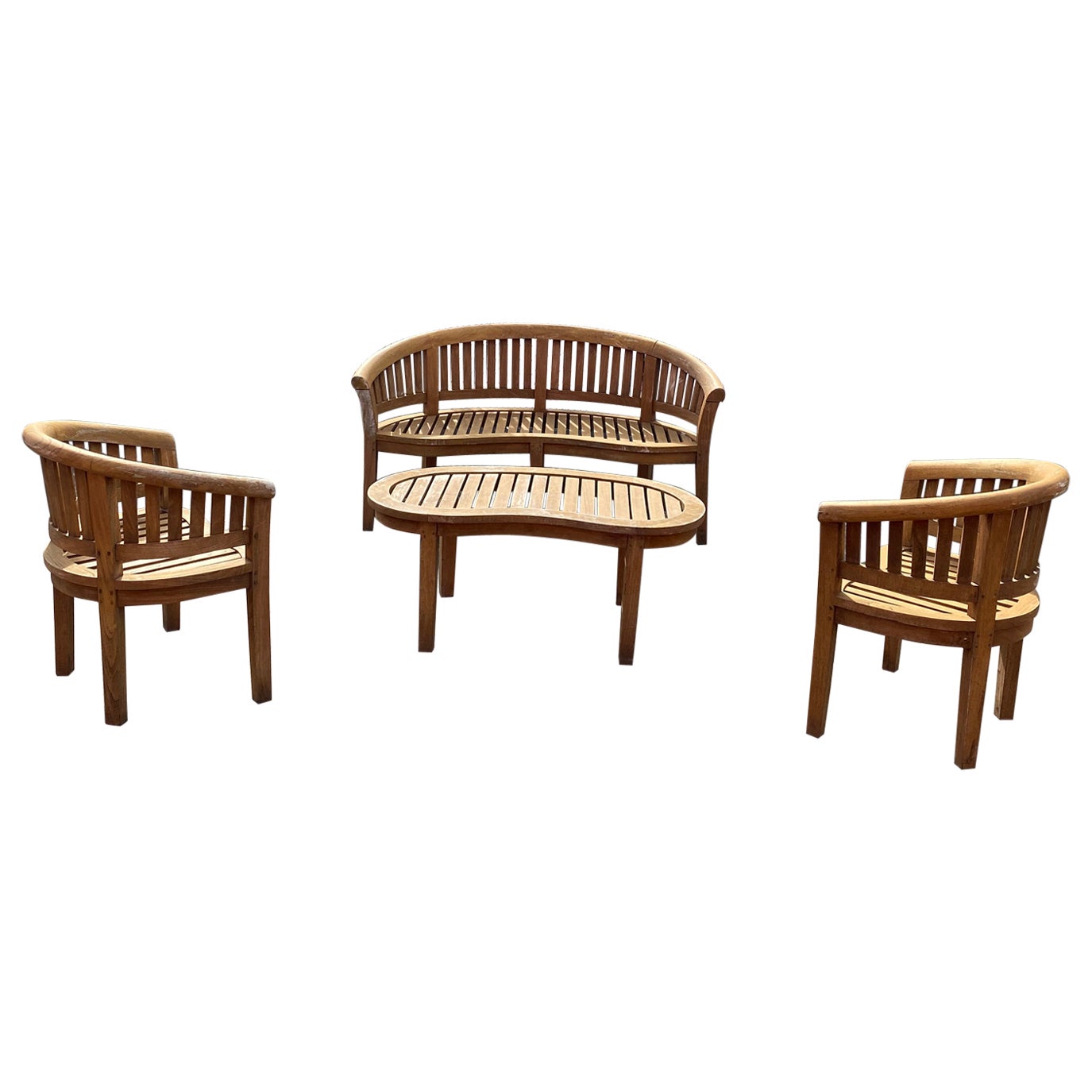 1970s Teak Curved Barrel Kidney Slatted Settee Table Chairs, Set of 4