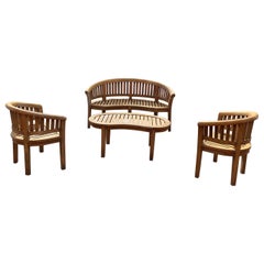 1970s Teak Curved Barrel Kidney Slatted Settee Table Chairs, Set of 4
