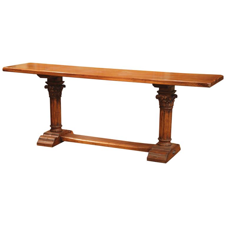 Long French HandCarved Walnut TwoPedestal Legs Console Table with