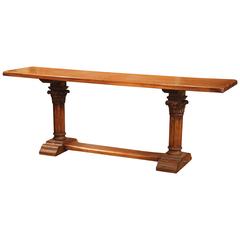 Long French Hand-Carved Walnut Two-Pedestal Legs Console Table with Stretcher