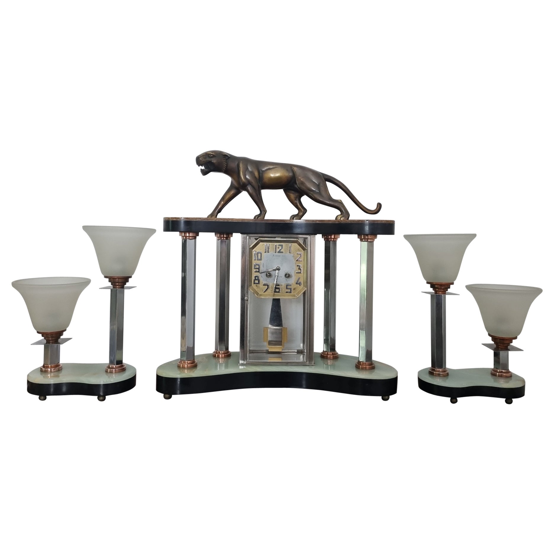 Art Deco Bronze Clock Set with Panther by Hugues For Sale