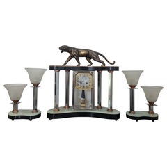 Art Deco Bronze Clock Set with Panther by Hugues