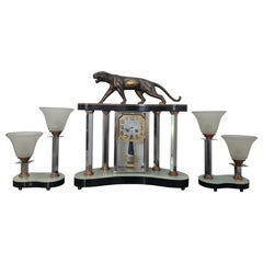 Antique Art Deco Bronze Clock Set with Panther by Hugues