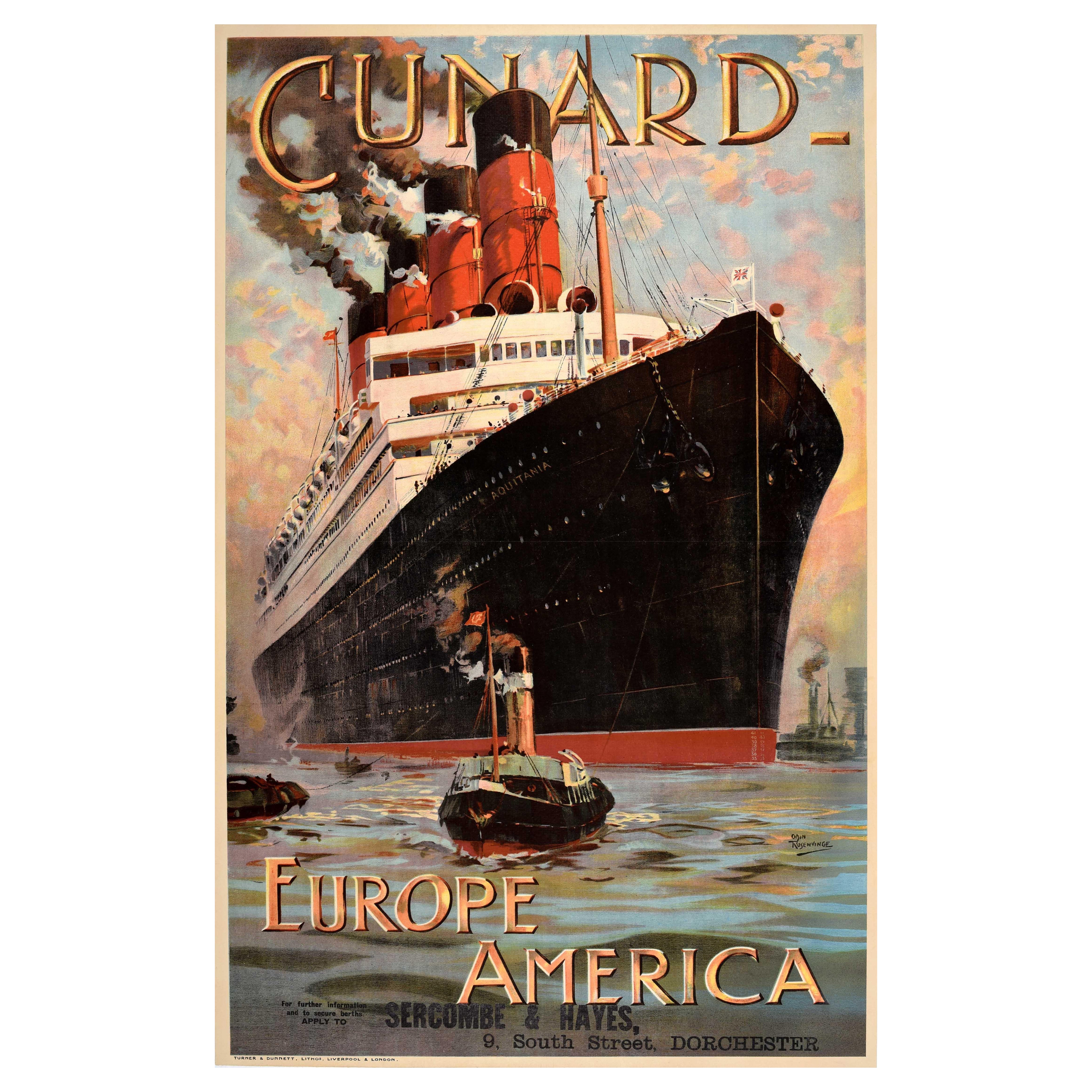 Affiche de voyage ancienne originale Cunard Europe Amérique Aquitania Rosenvinge Cruise