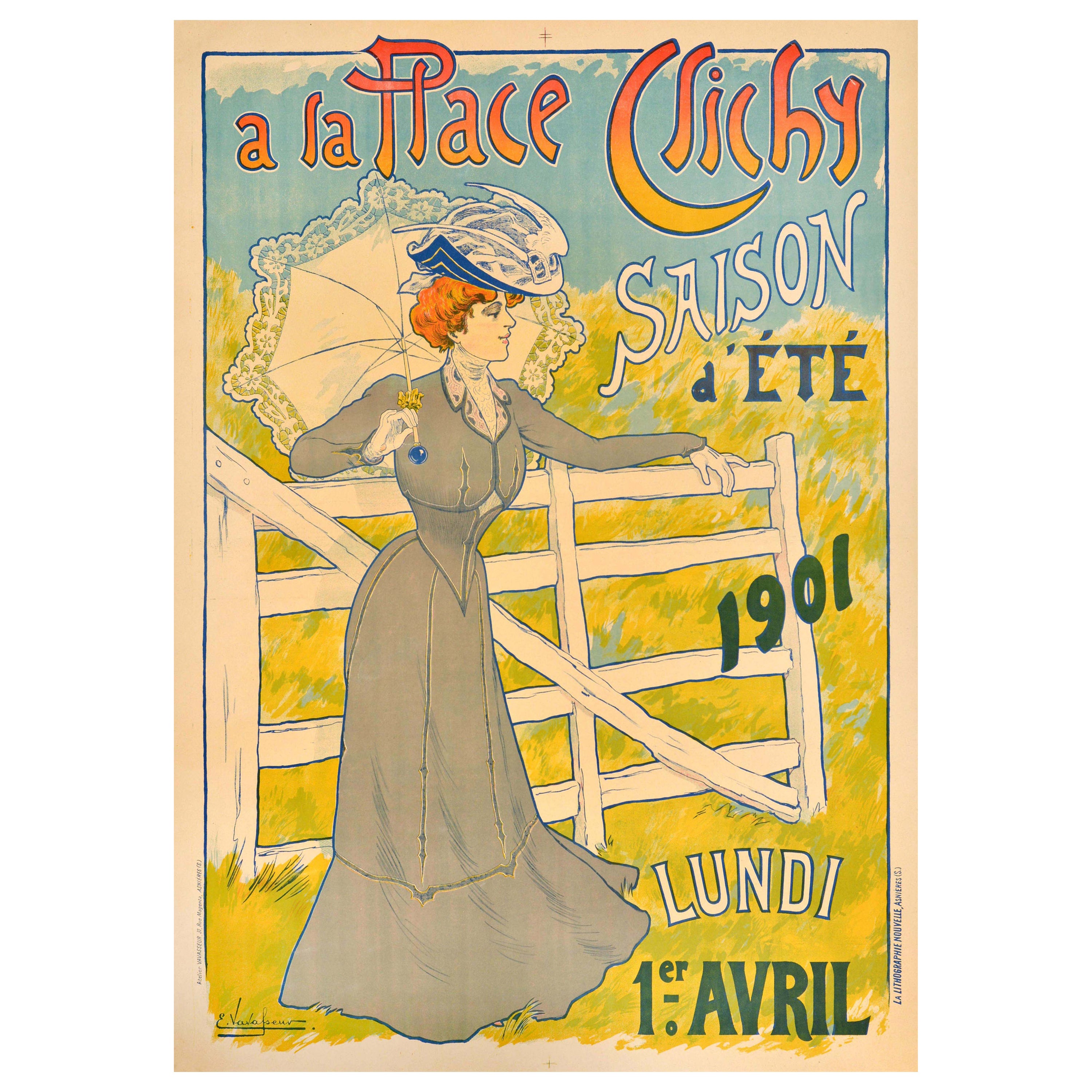 Original Antique Advertising Poster A La Place Clichy Sumer Season Fashion Paris For Sale