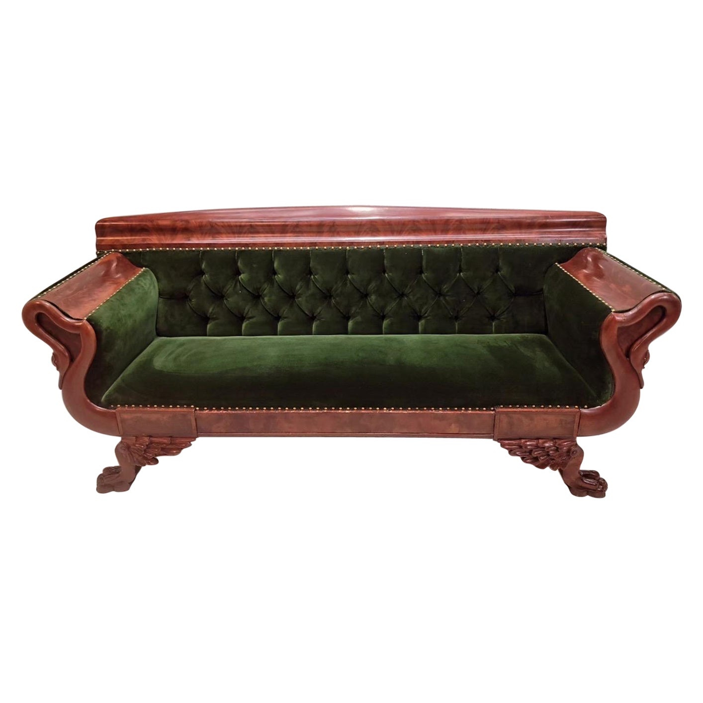 Antique Empire Style Mahogany Swan Grecian Sofa Newly Upholstered For Sale