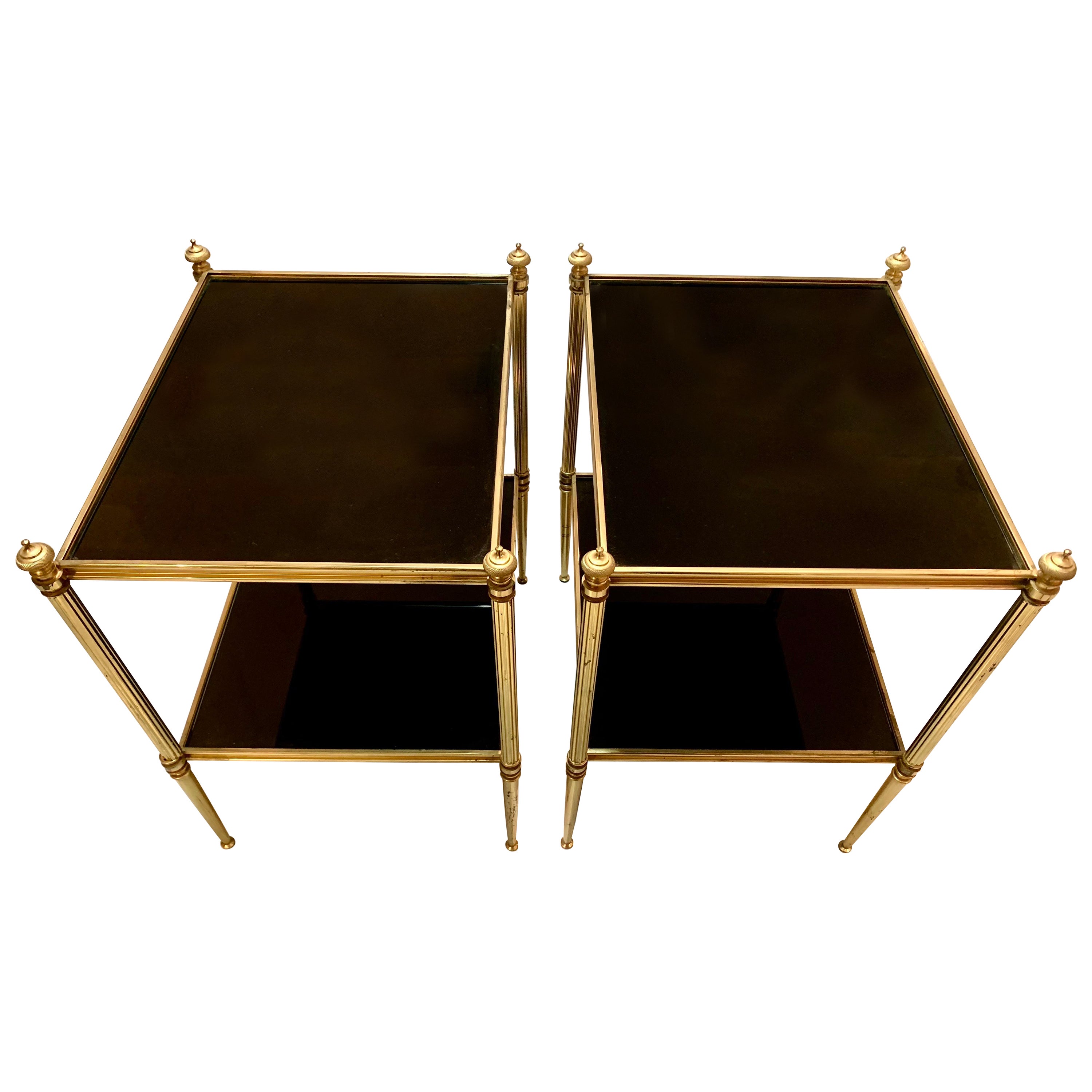 Pair of Mid-Century Modern Jansen Style Brass and Black Glass Top Side Tables For Sale