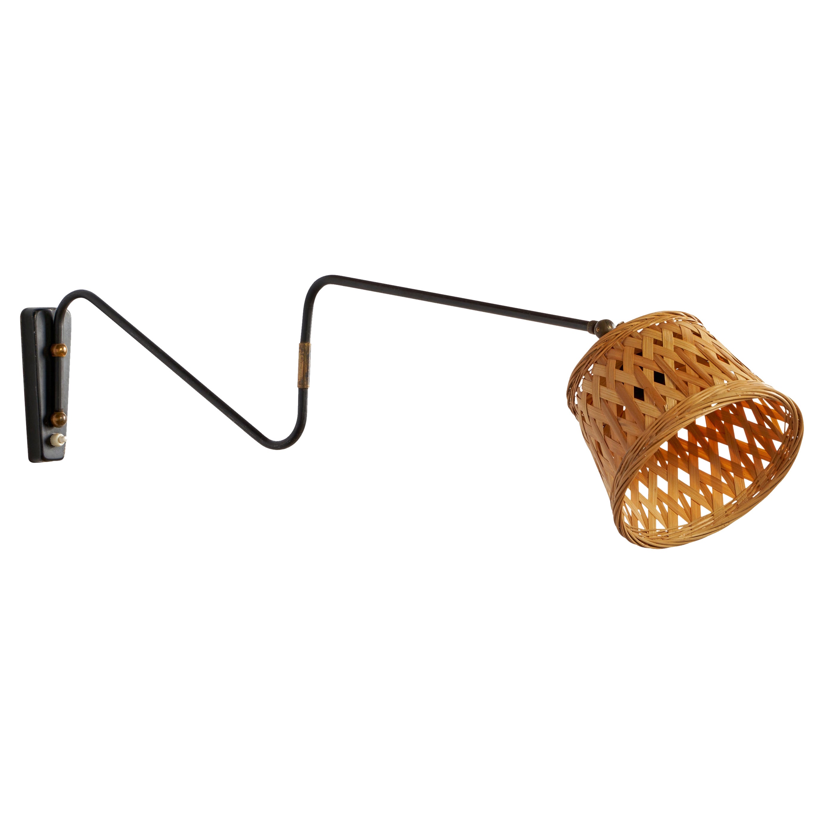 Danish Designer, Wall Light, Metal, Brass, Rattan, Denmark, 1940s For Sale