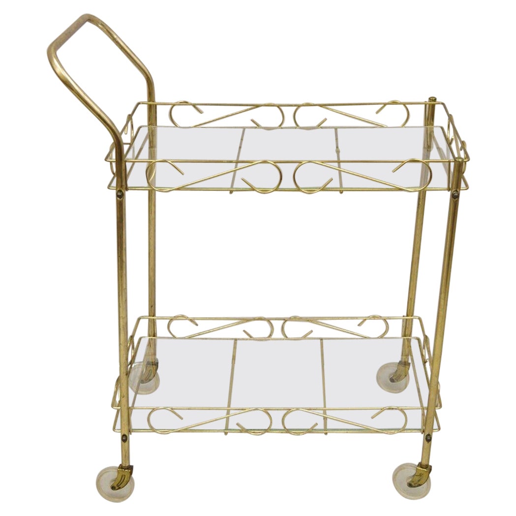 Vintage Mid Century Modern Gold Metal 2 Tier Rolling Bar Cart Server