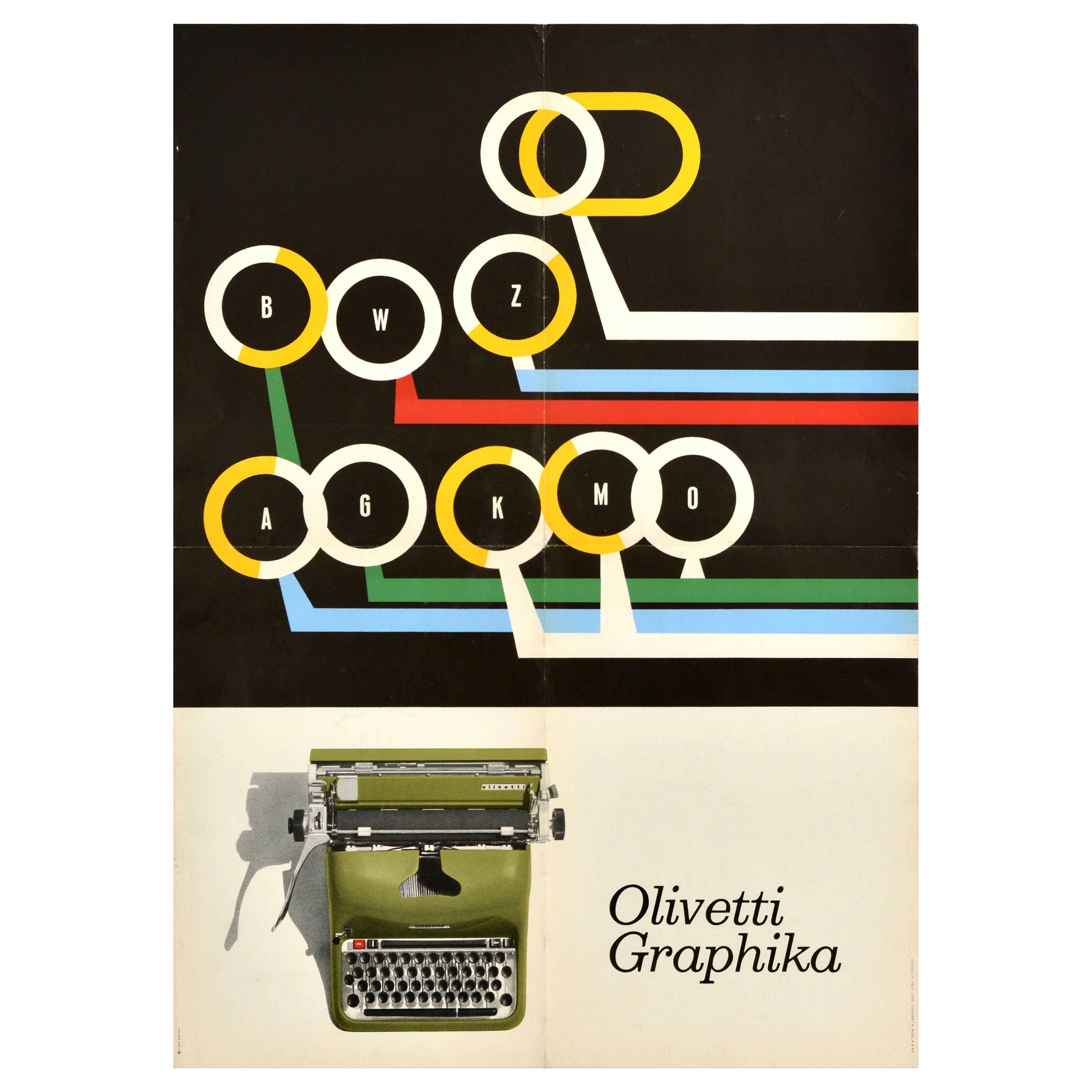 Affiche publicitaire vintage d'origine Olivetti Graphika avec dessin de machine à écrire Italie en vente