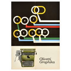 Affiche publicitaire vintage d'origine Olivetti Graphika avec dessin de machine à écrire Italie