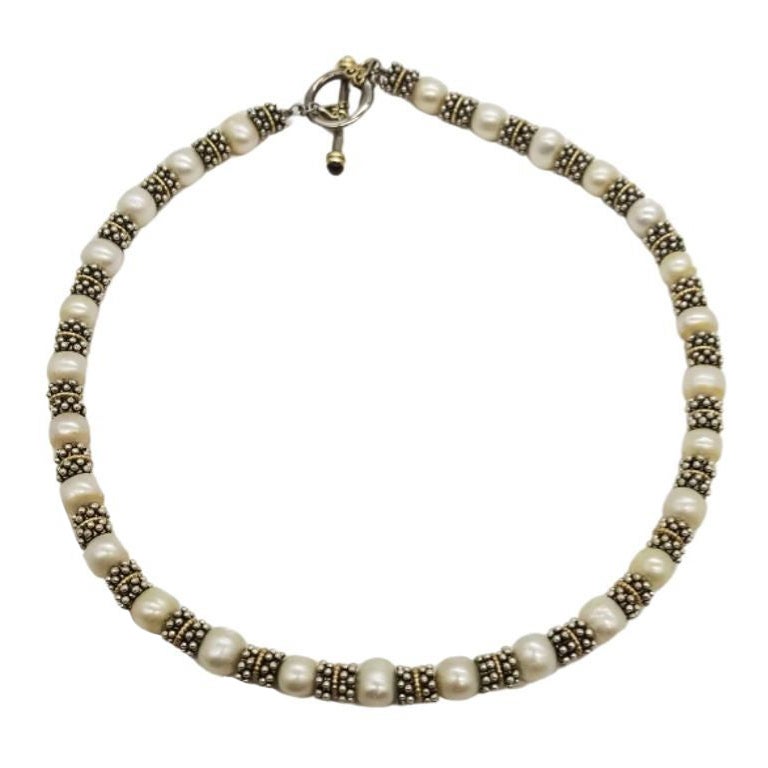 Mid Century 925 Two Tone Pearl Caviar Bead Garnet Toggle Clasp Necklace For Sale