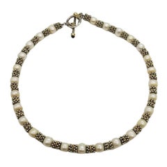 Retro Mid Century 925 Two Tone Pearl Caviar Bead Garnet Toggle Clasp Necklace