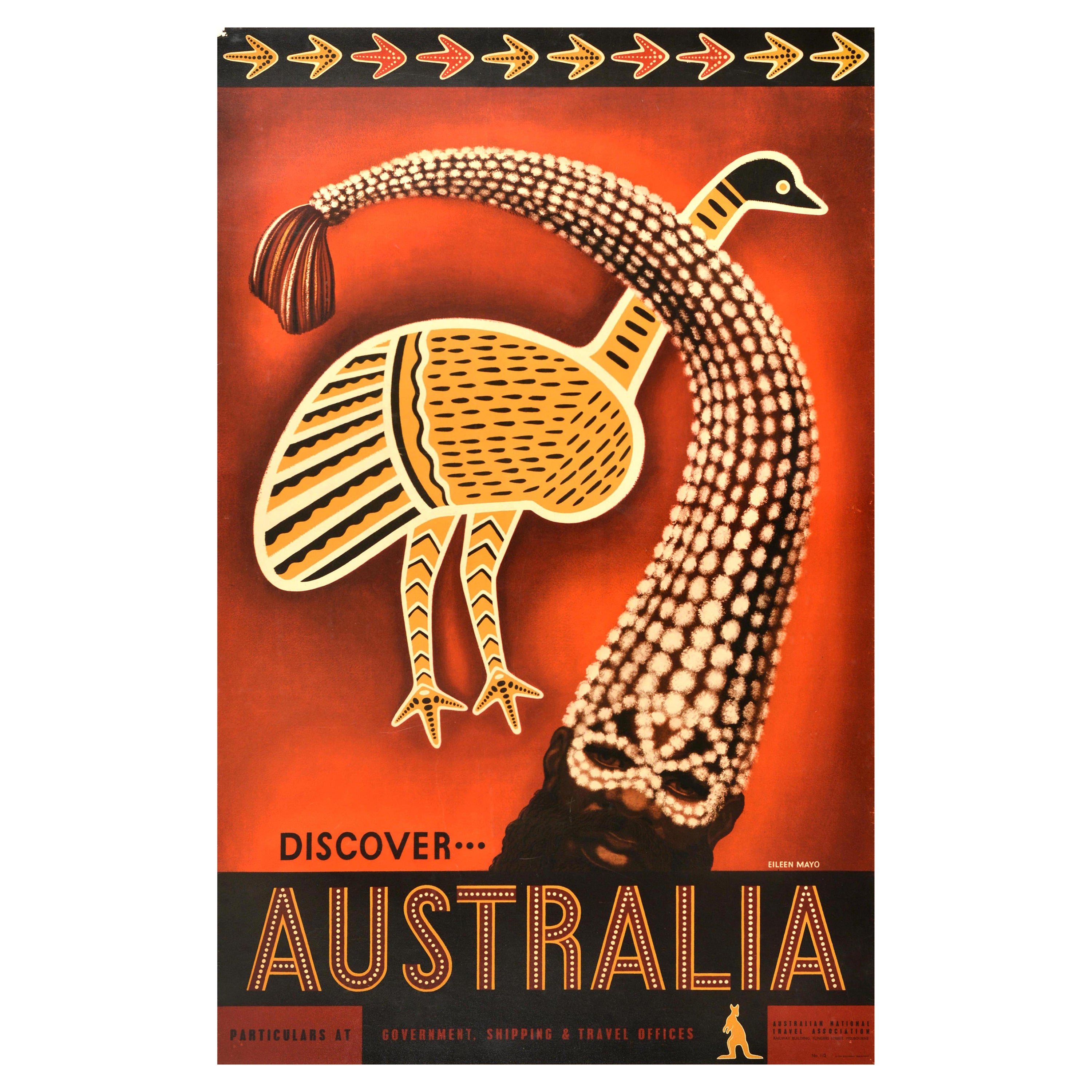 Original Vintage Travel Advertising Poster Discover Australia Emu Eileen Mayo For Sale