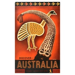 Original Retro Travel Advertising Poster Discover Australia Emu Eileen Mayo