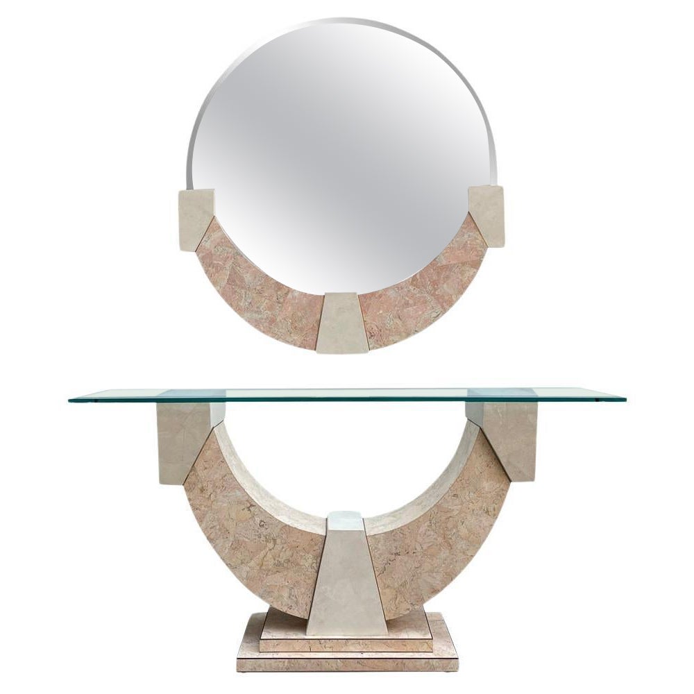 1980s Postmodern Tessellated Sculptured Stone Console & Matching Mirror Set For Sale