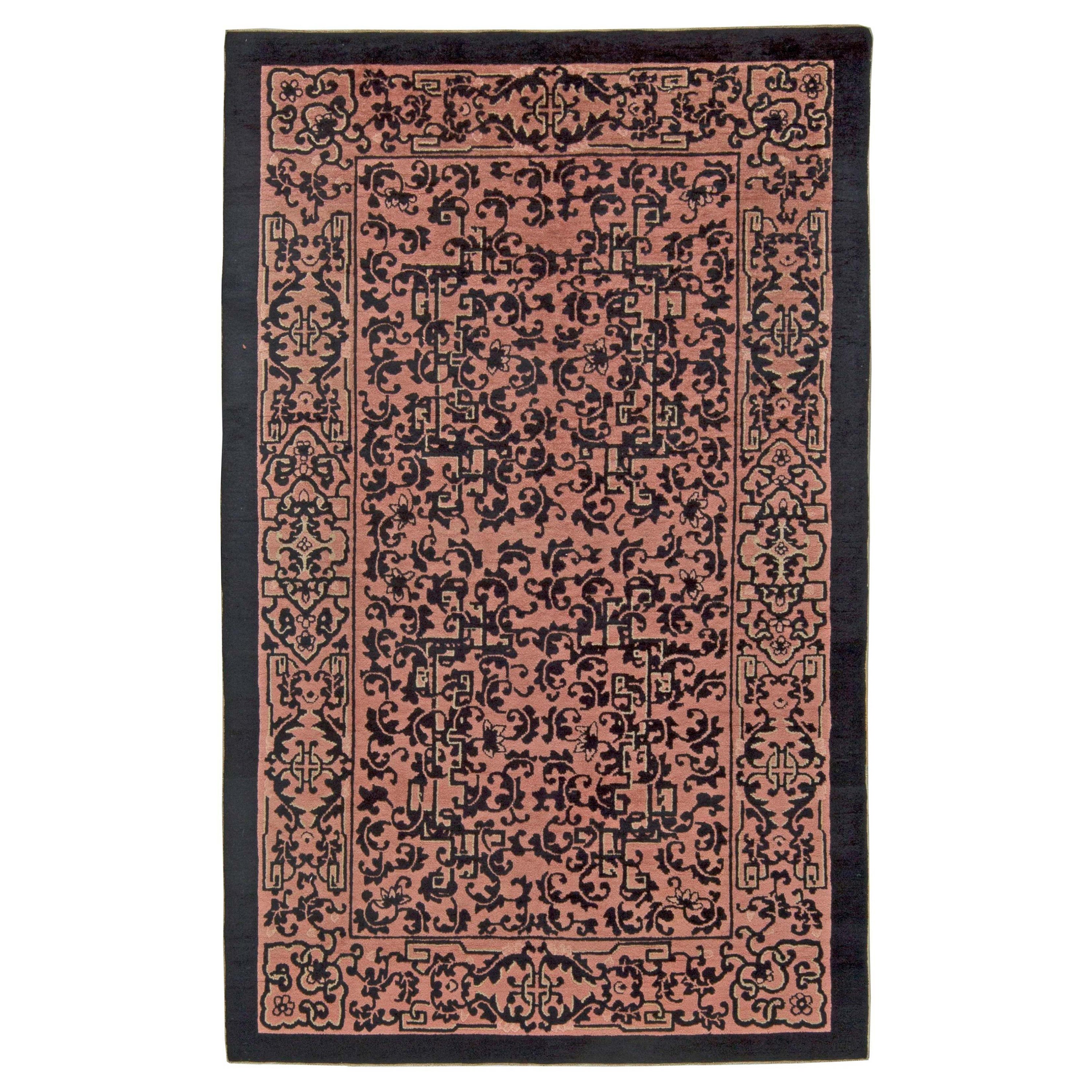 Early 20th Century Chinese Black and Pink Wool Rug For Sale