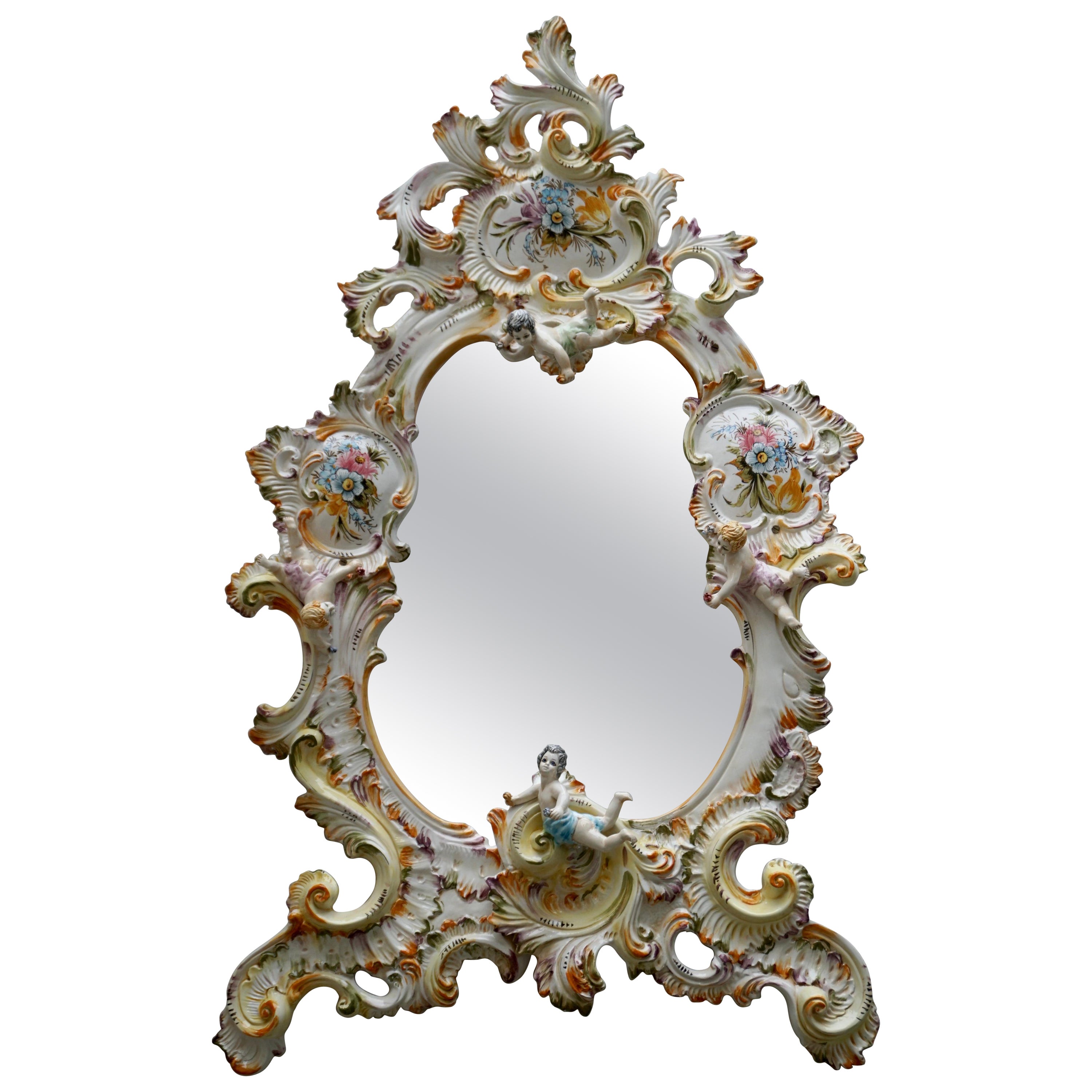 Mid-20th Century Italian Capodimonte Porcelain Mirror with Flowers and Cherubs For Sale