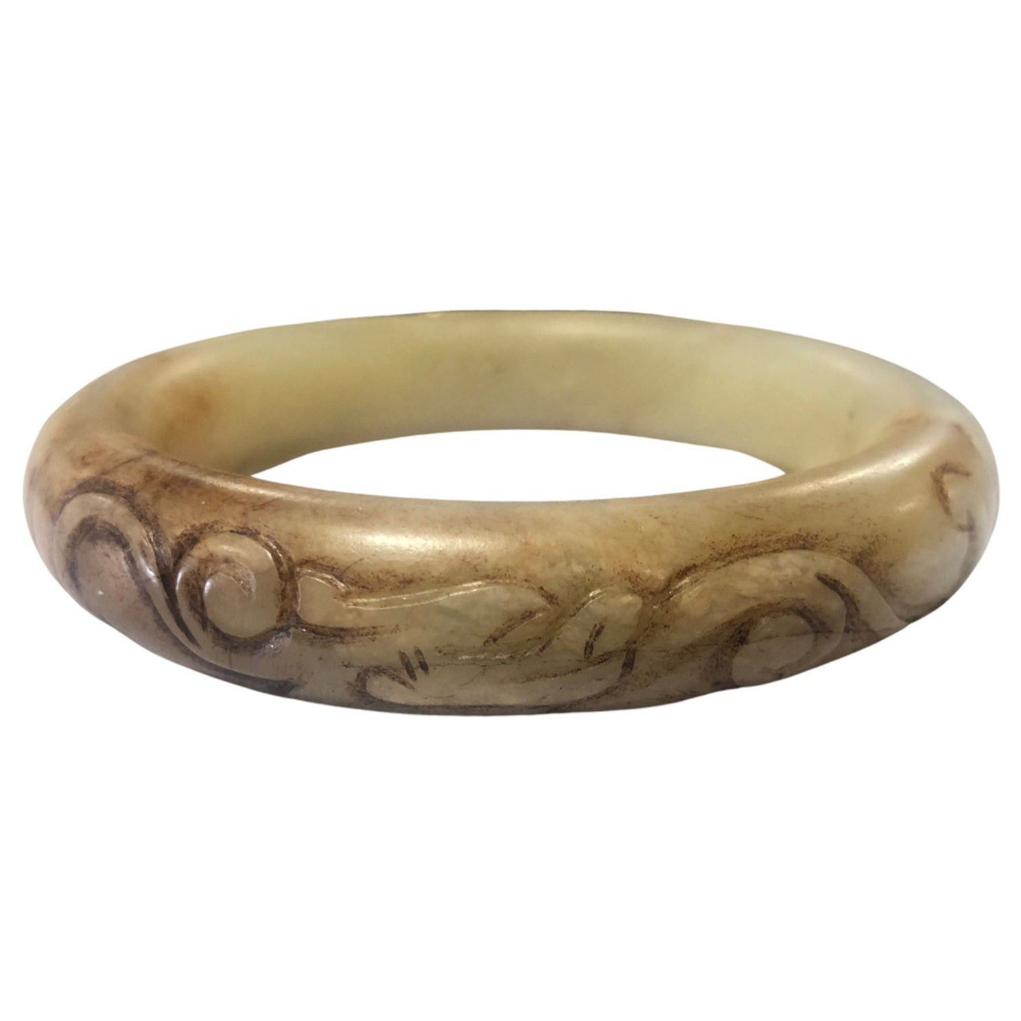 19th Century Antique Chinese Hetian Jade Hand Carved Dragon Bangle Bracelet For Sale