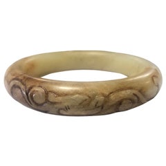 19th Century Antique Chinese Hetian Jade Hand Carved Dragon Bangle Bracelet