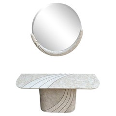 Retro 1980s Maitland Smith Style Casa Bisque Tessellated Stone Console Table & Mirror 