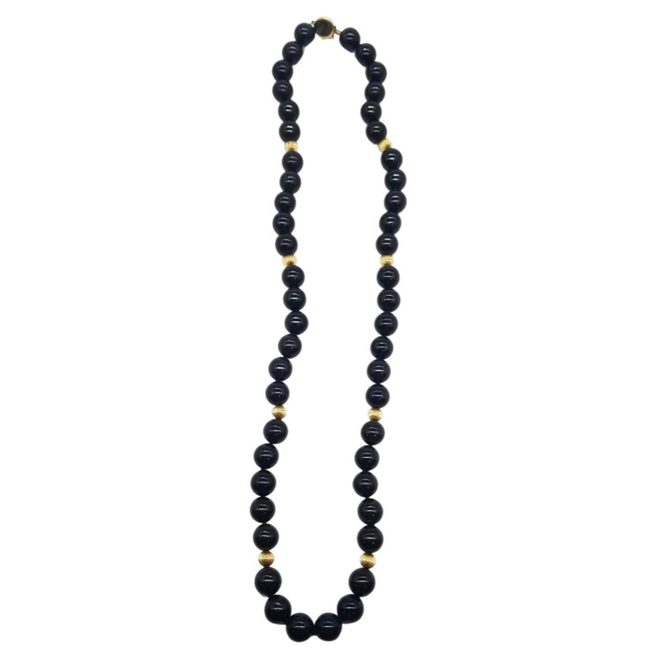 Obsidian and Gold Beaded Necklace 14k Gold 26.5" Long
