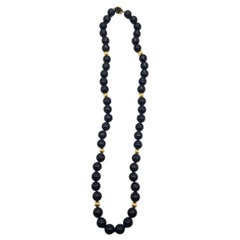 Retro Obsidian and Gold Beaded Necklace 14k Gold 26.5" Long