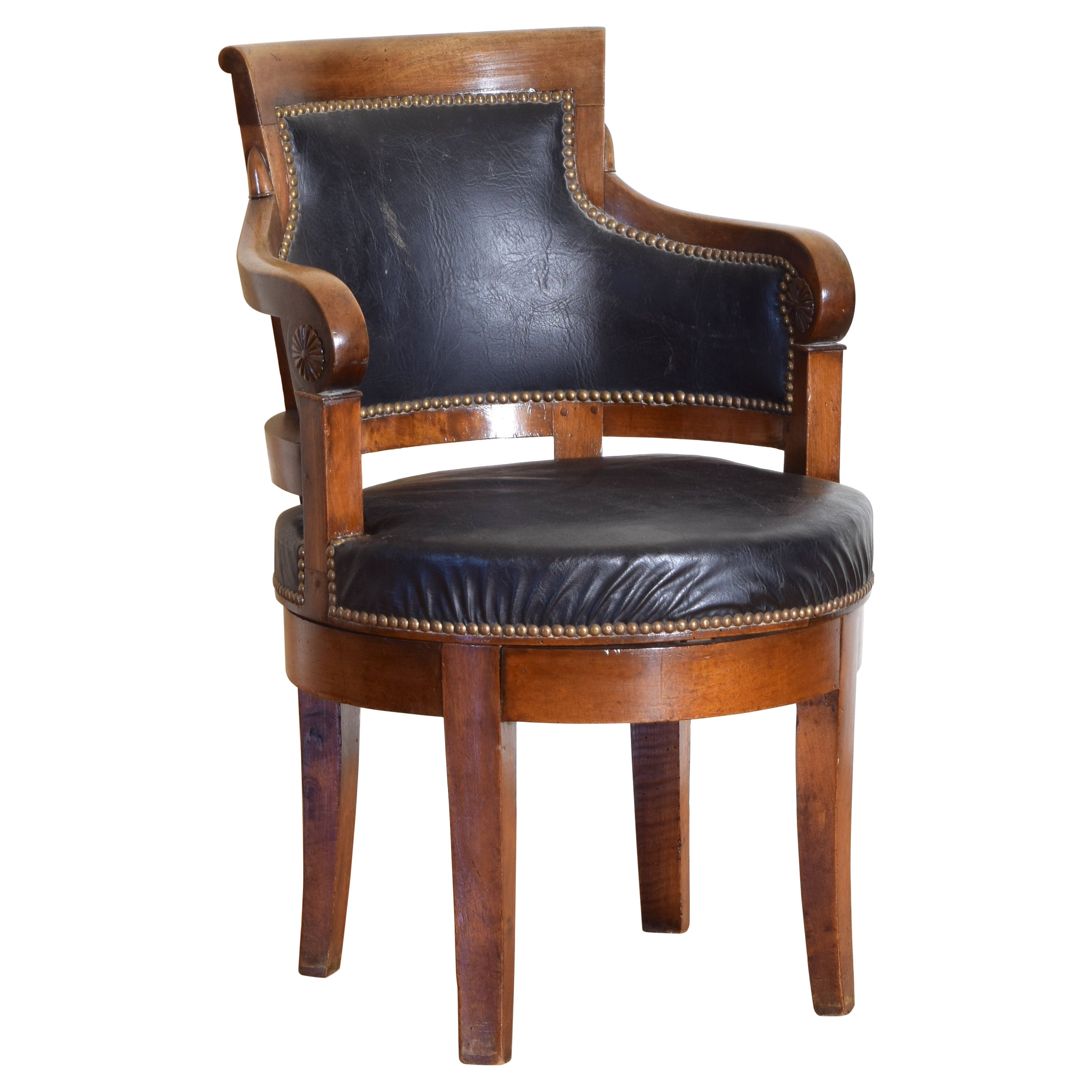 French Restauration Period Walnut and Leather Swivel Desk Chair, ca. 1815-1830