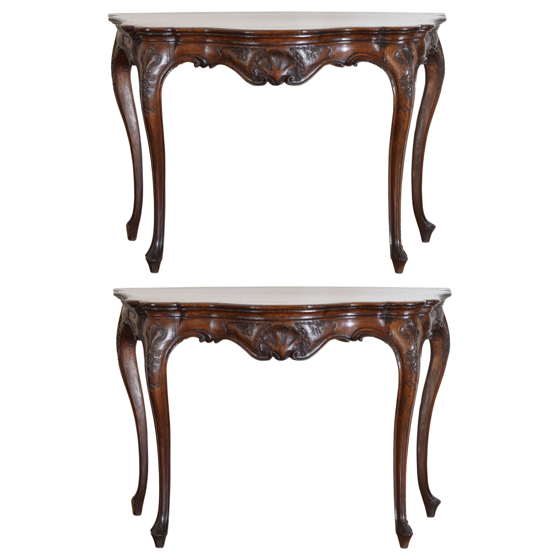 Pair Italian, Venice, Carved Walnut Rococo Period Console Tables, mid 18th cen.