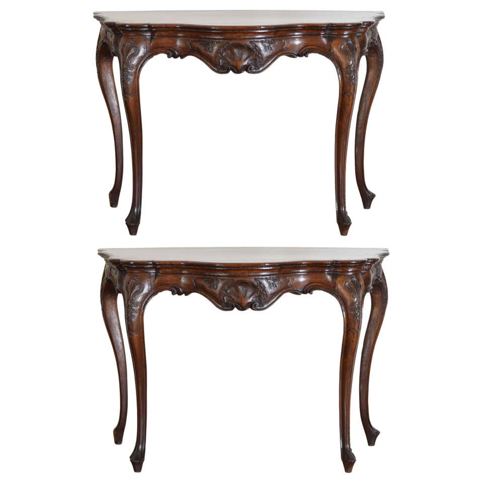 Portuguese Rococo Period Carved Walnut and Inlaid 1-Drawer Console, mid ...