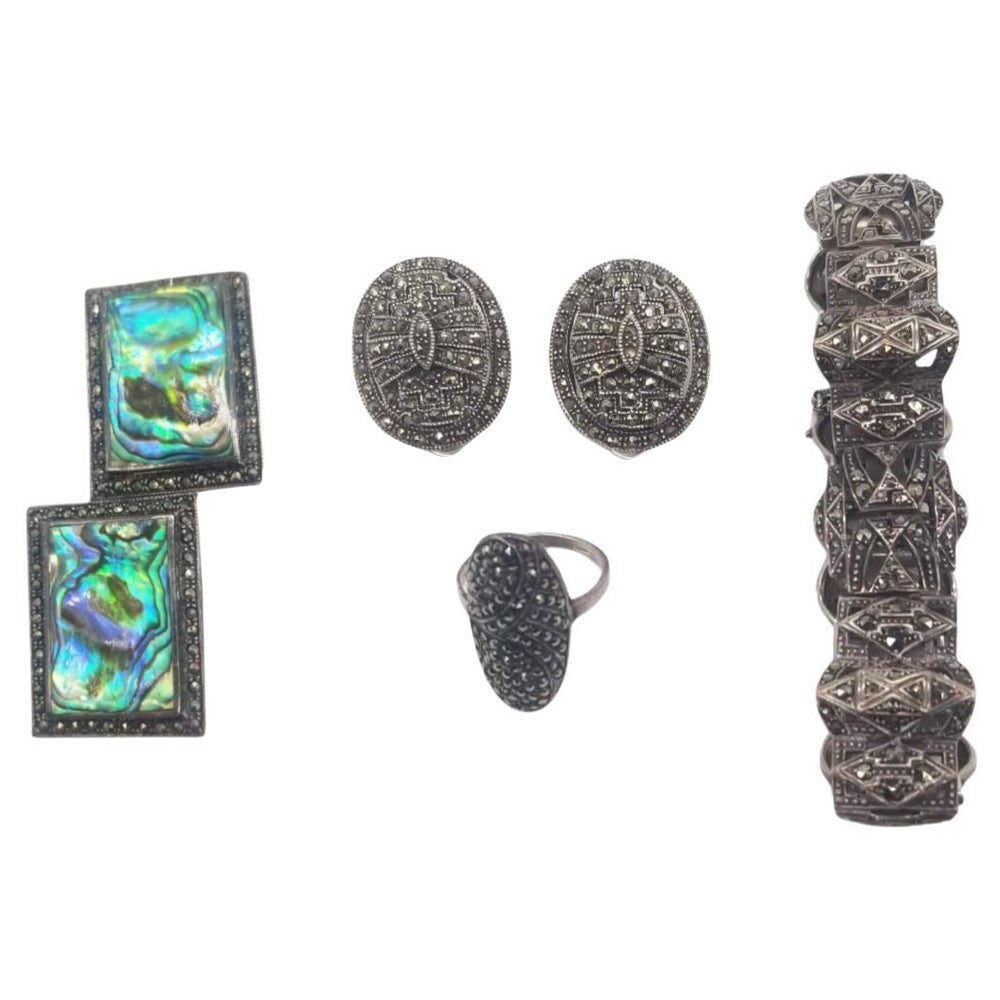 Mid Century Marcasite Jewelry Set, Brooch, Bracelet, Clip on Earrings