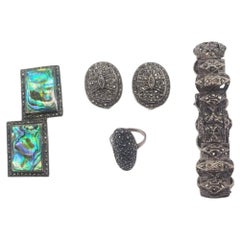 Vintage Mid Century Marcasite Jewelry Set, Brooch, Bracelet, Clip on Earrings