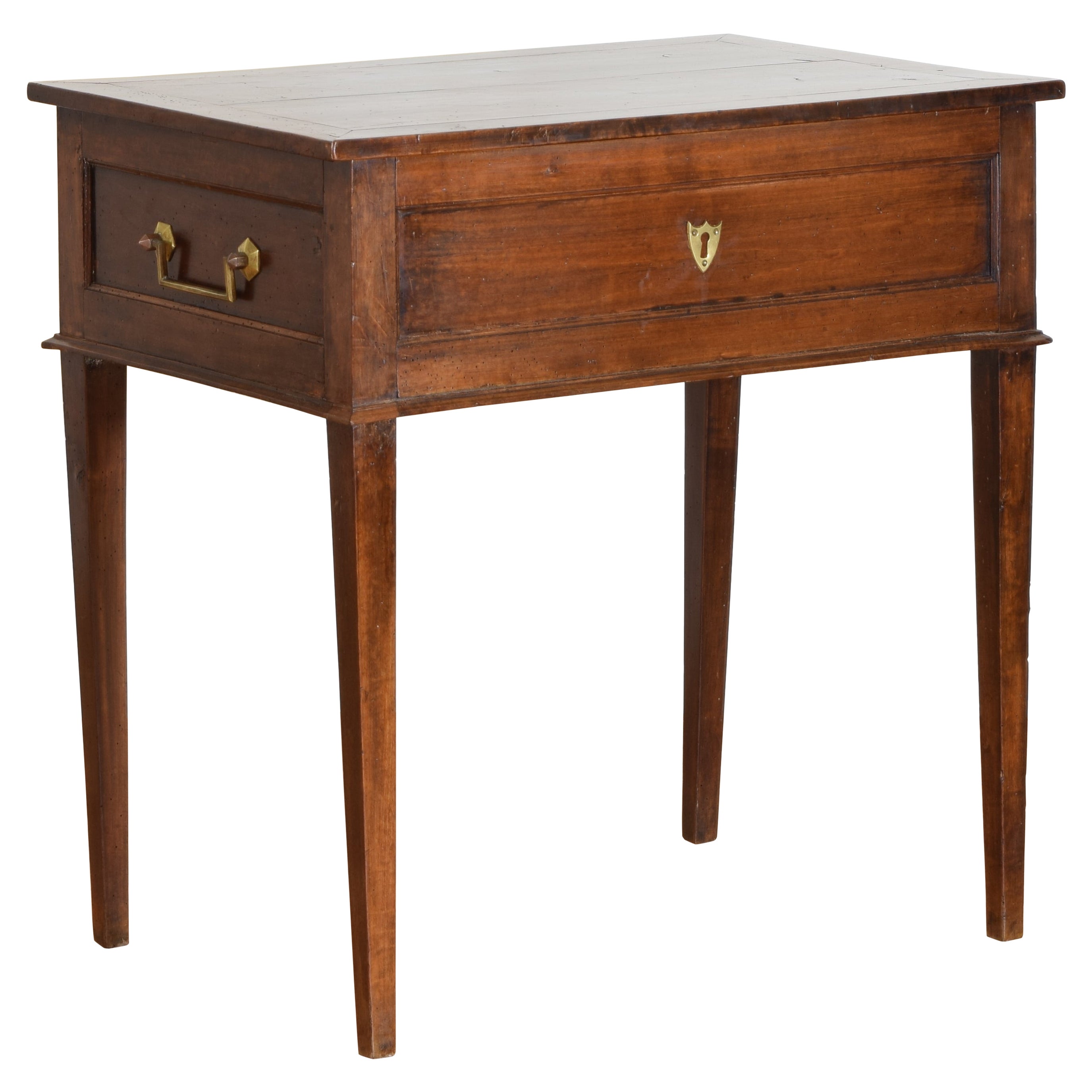 French Neoclassic Walnut Hinged Top & Brass Handled Vanity Table, ca. 1825 For Sale